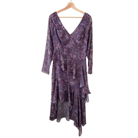 Marchesa Notte Floral Chiffon‎ Asymmetric Ruffle Maxi Dress 6 Purple Romantic - Picture 1 of 16
